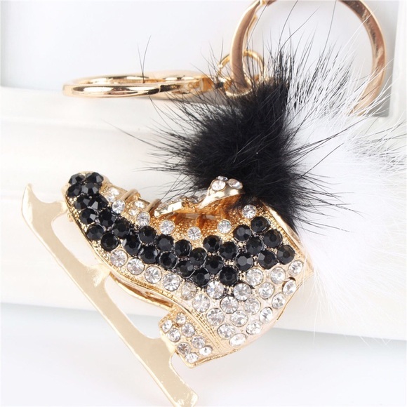 Black & Gold Crystal Ice Skate with Pom Pom Keychain Charm - Picture 3 of 8